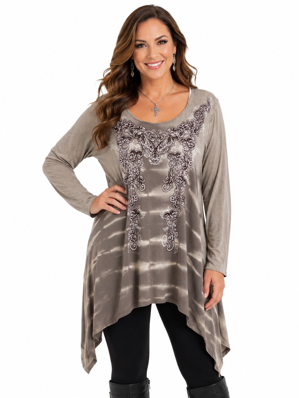 Vocal Taupe Tie-Dye Embroidered Long Sleeve Tunic